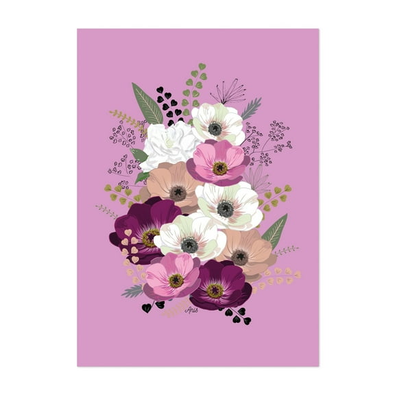 Anemones bouquet - Purple - Illustration Floral Flowers Botanical Pastel Modern Art Nature Unframed Wall Art Print 5 x 7 inches