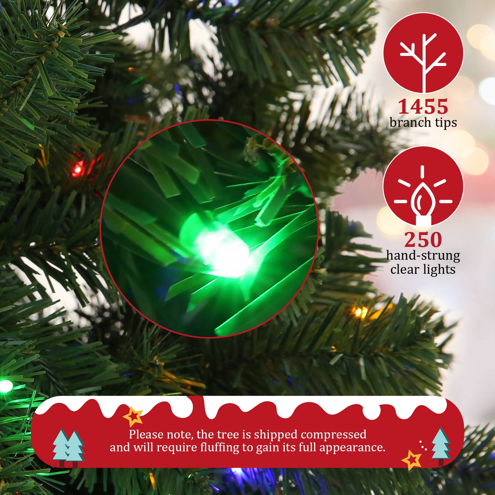Funcid 6ft Pre-Lit Green Artificial Christmas Tree with 250 Colorful LED Lights and 1477 Branch Tips, Hinged Full Christmas Tree w/ Foldable Metal Stand, 8 Light Sequences for Home Holiday Decoration