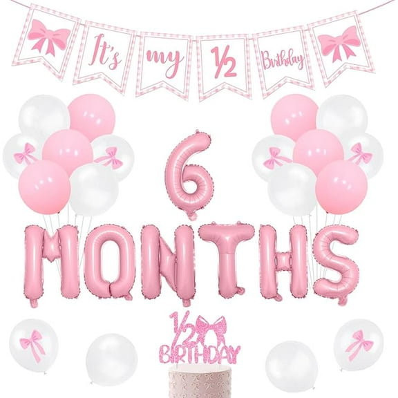 Half Birthday Decorations - Pink Gingham Banner Bow, Balloons, Cake Topper for Girls 6 Month Party Supplies