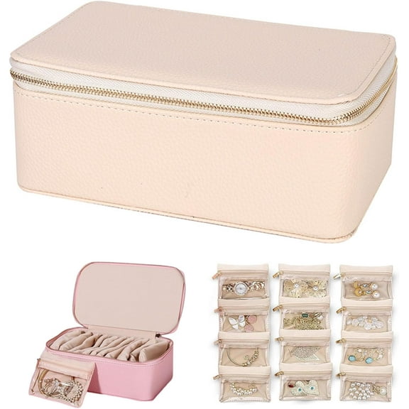 Familiarn Travel Jewelry Box with Small Pouches，Portable PU Leather Jewelry Organizer Box, For Womens Earring, Necklace, Rings, Bracelets