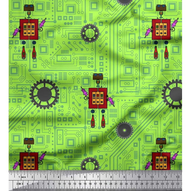 Soimoi Green Rayon Fabric Cartoon Machine & Gear Parts Hardware Decor Fabric Printed Yard 42 Inch Wide