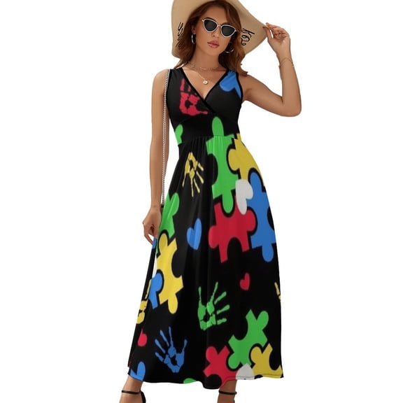 Autism Theme PUZZLE Heart Pattern Sleeveless Dress Summer Women Clothes Dress for Pregnant Women Dresses