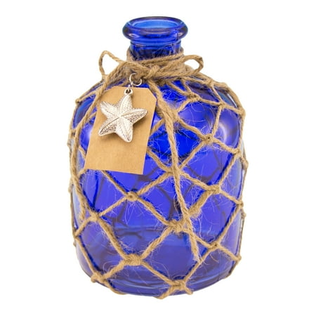 Art Deco Bottle - Cobalt Blue Round Glass Bottle with Jute Rope Netting and Starfish Accent
