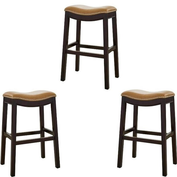 Home Square 3 Piece Saddle Faux Leather and Wood Barstool Set in Tan/Espresso