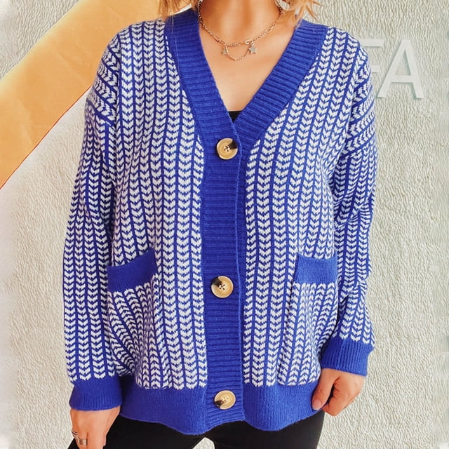 Hot6sl Womens Knitted Contrasting Cardigan Sweater V-neck Sweater