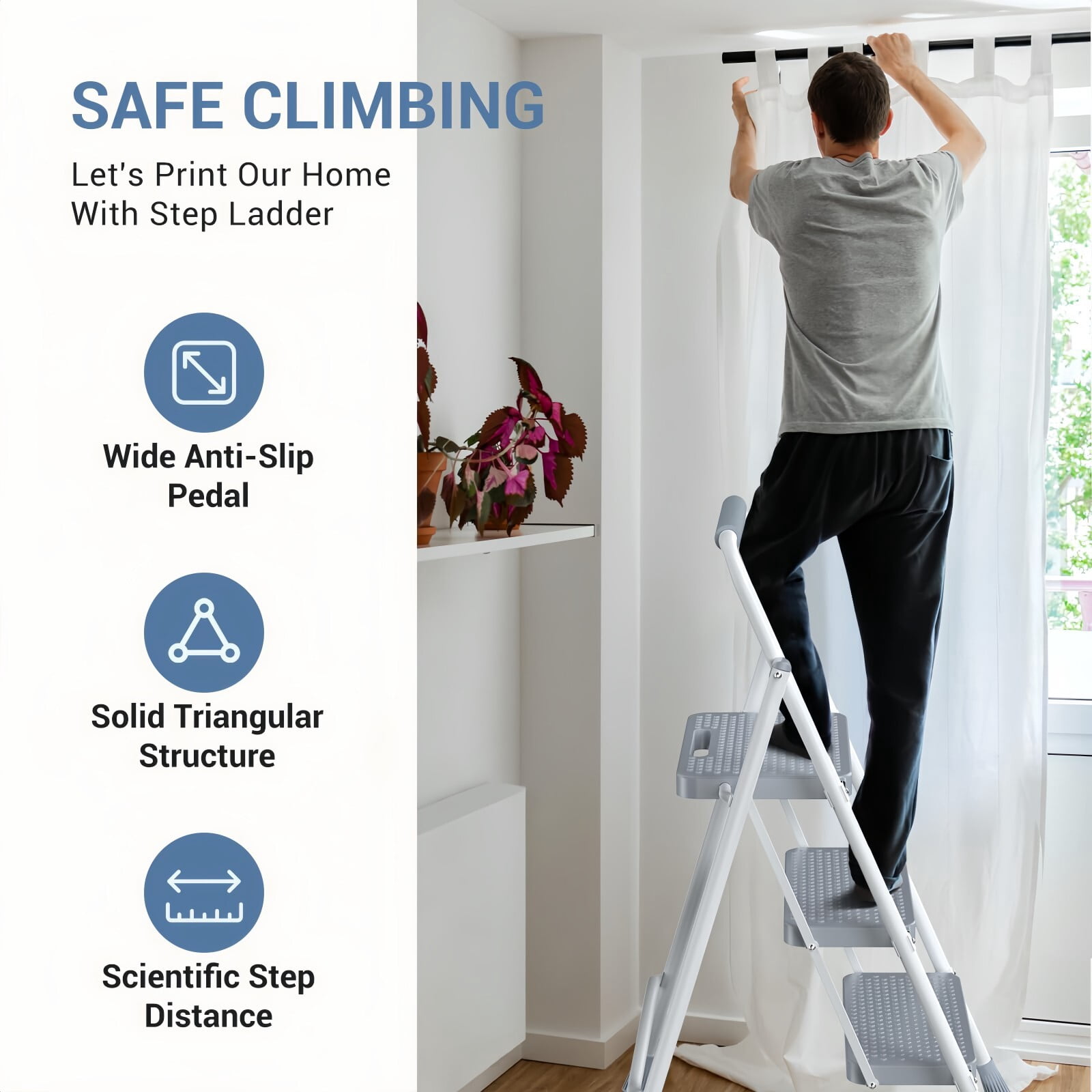 Kelno 3 Step Ladder 800Lbs Capacity Folding Step Stool with Anti Slip Pedals Safety Handrail, Gray White
