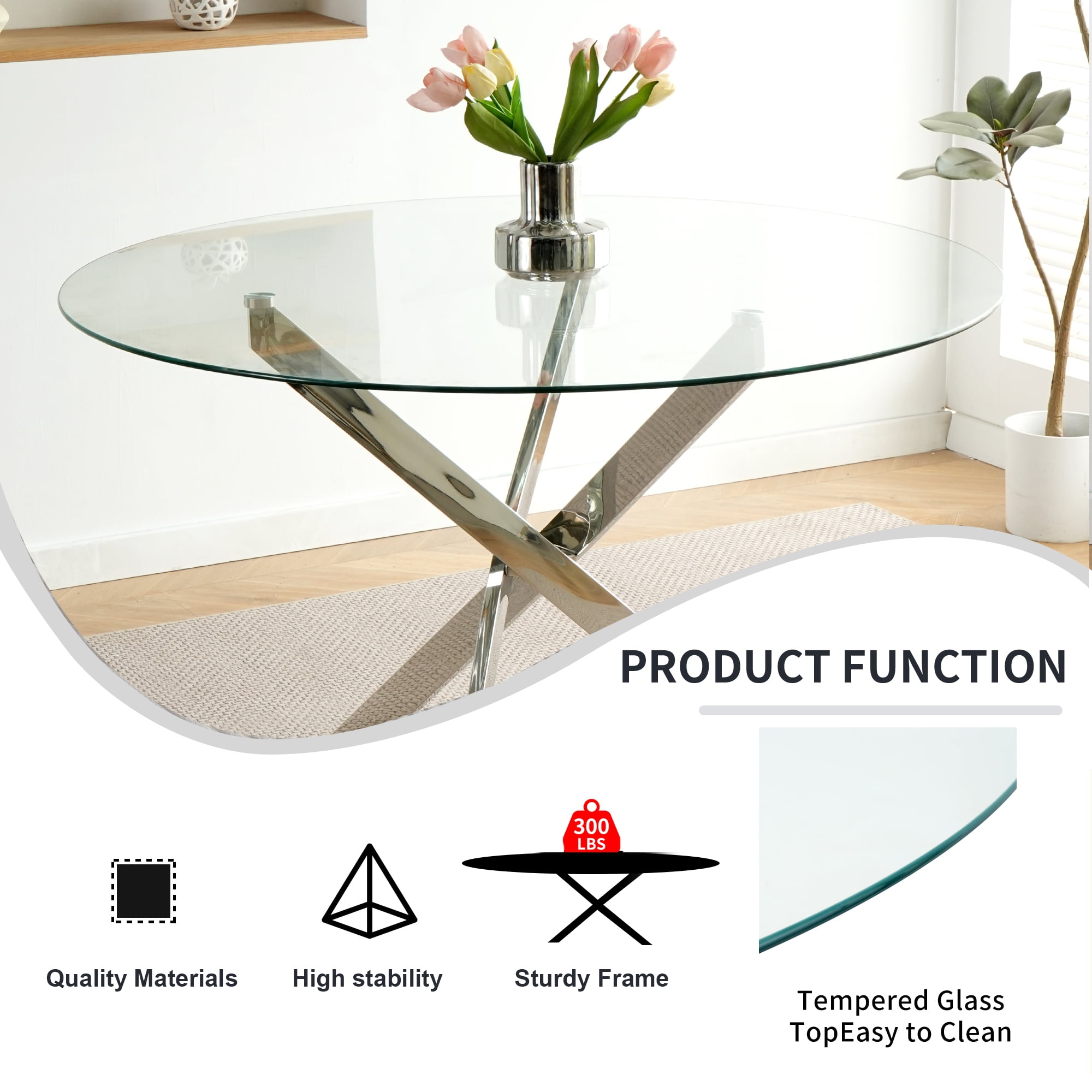 47" Modern Round Glass Dining Table Set with 4 PU Leather Chairs,Silver Leg Glass Table with 4 Beige C-shaped Chairs with Silver Leg