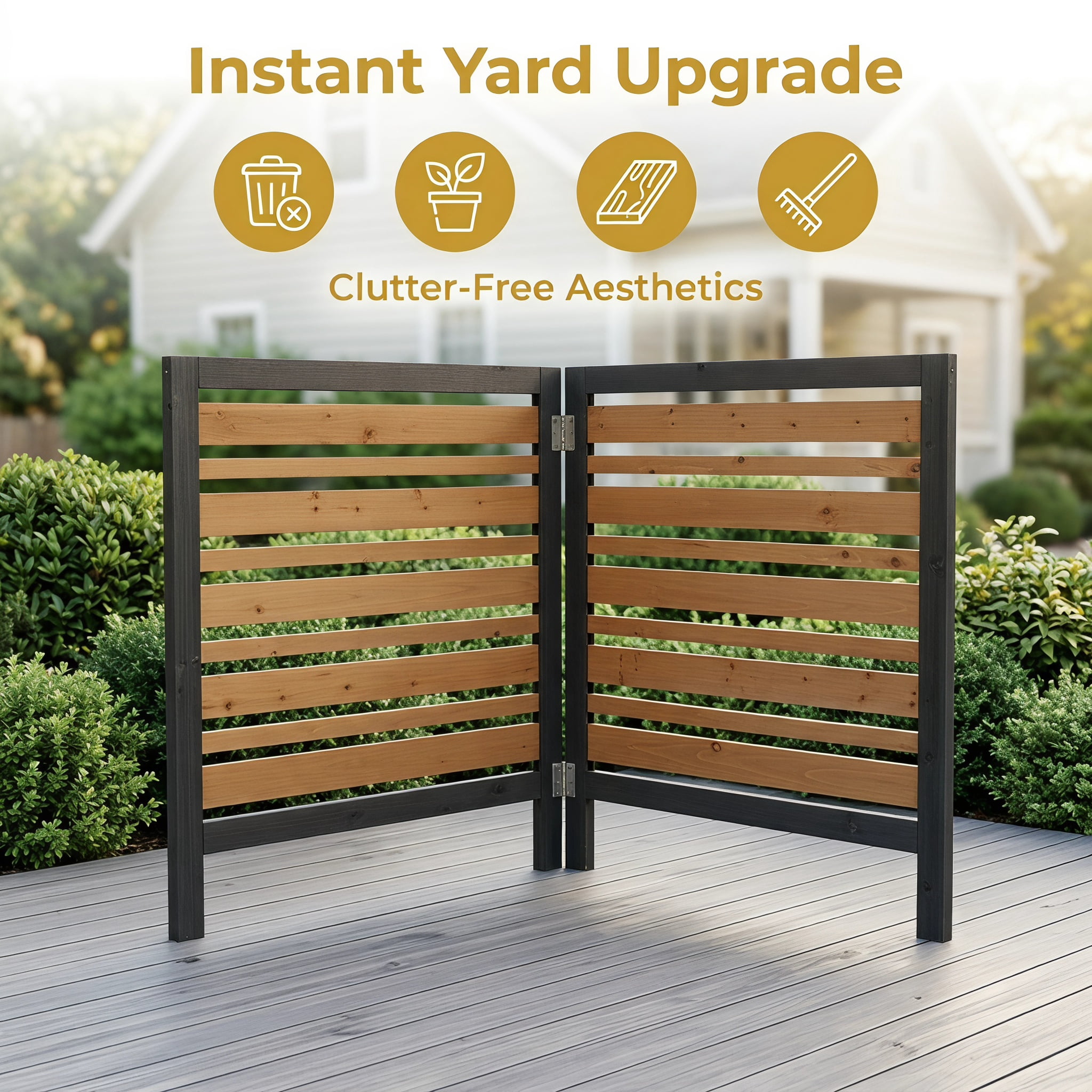 Outdoor Wood Privacy Fence 2-Panel 38W x 42H, Solid Wood Air Conditioner Screen with Slat Spacing for AC Unit Trash Can Pool Pump Enclosure, Black and Gold