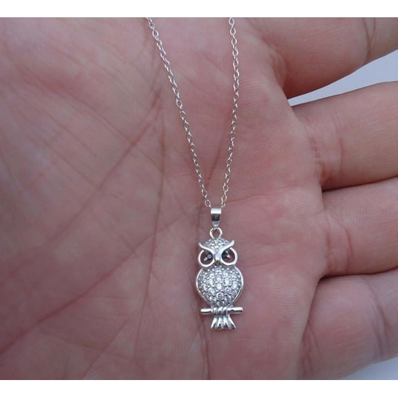 925 Sterling Silver Designers Owl Pendant Necklace W/ 1 Ct Lab Created Diamonds