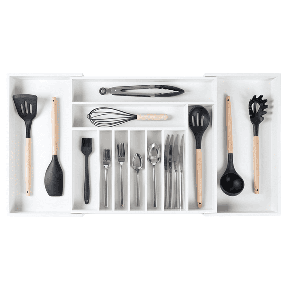 KitchenEdge Premium Silverware, Flatware and Utensil Organizer for Kitchen Drawers, Expandable 19 to 33 Inches Wide, 11 Compartments, Food-Safe Contract Grade White Finish 100% Sustainable Bamboo Wood