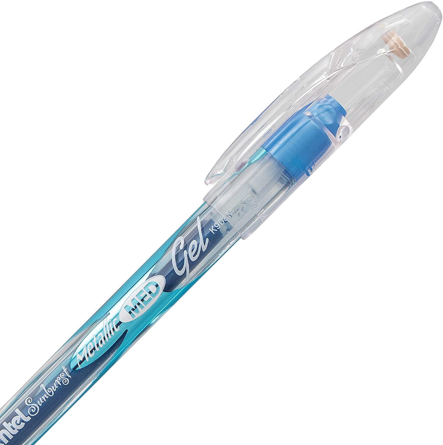 Pentel Sunburst Metallic Gel Pen, 0.8mm Tip Writes 0.4mm Line,  Blue/Transparent Barrel Blue Ink, Box of 12 (K908-MC)