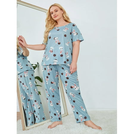 

Women s Plus Polka Dot Cartoon Graphic Pajama Set 3XL(18) Dusty Blue Cute F22001D