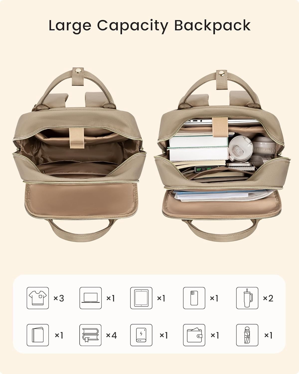 LOVEVOOK Laptop Backpack for Women with Giant Tumbler Holder Pocket, 15.6 inch Travel Work Backpack Purse for Teacher Nurse, Waterproof College Book Bag Cute Casual Daypack, Beige-Black-Brown