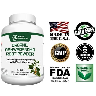 Hybrid Nutraceuticals Organic Ashwagandha Supplement 1300mg with Black Pepper - Anxiety & Stress Relief, Enhance Mood - 60 Capsules
