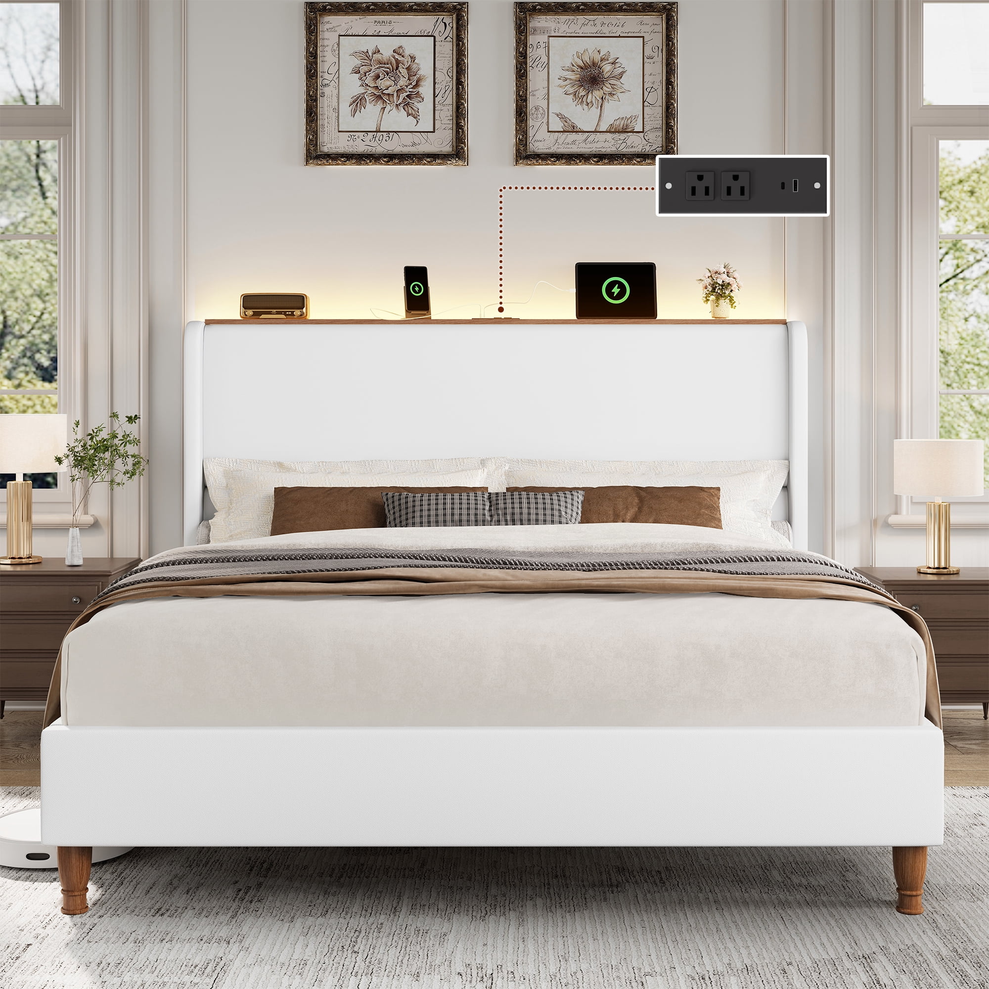 Breltam Upholstered Platform Bed with Wingback Headboard, Queen Size Bed with LED Lights and Charging Station, White