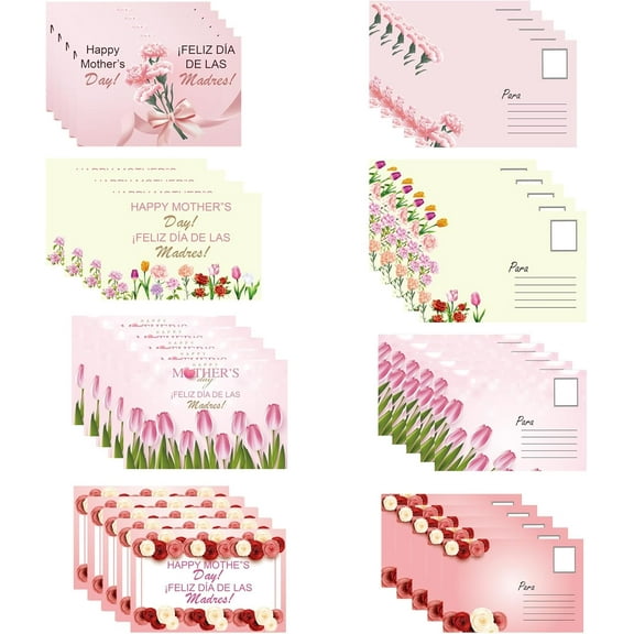 24 Pcs Happy Mother’s Day Postcards Set Bilingual English & Spanish Mother's Day Mom Postcard - 4 x 6 Inch Feliz Día de la Madre Postcard