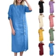 thumbnail image 1 of XiYing Robe d'Été, Robe Midi Unie à Boutons devant pour Femme pour le Printemps et l'Été, Col Rond à Manches Longues avec Poches, Robe Décontractée Fluide Longueur Genou, S-TTG,, 1 of 9
