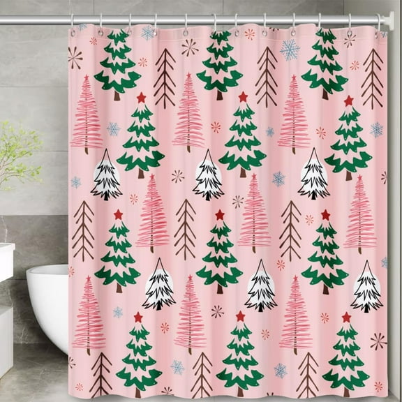 Christmas Shower Curtain Set 66x72in Pink Cute Xmas Trees Snowflake Bathroom Shower Curtain with Hooks, Artistic Pine Fabric Bath Shower Curtain for Winter Bathroom Decorations Home Indoor Decor