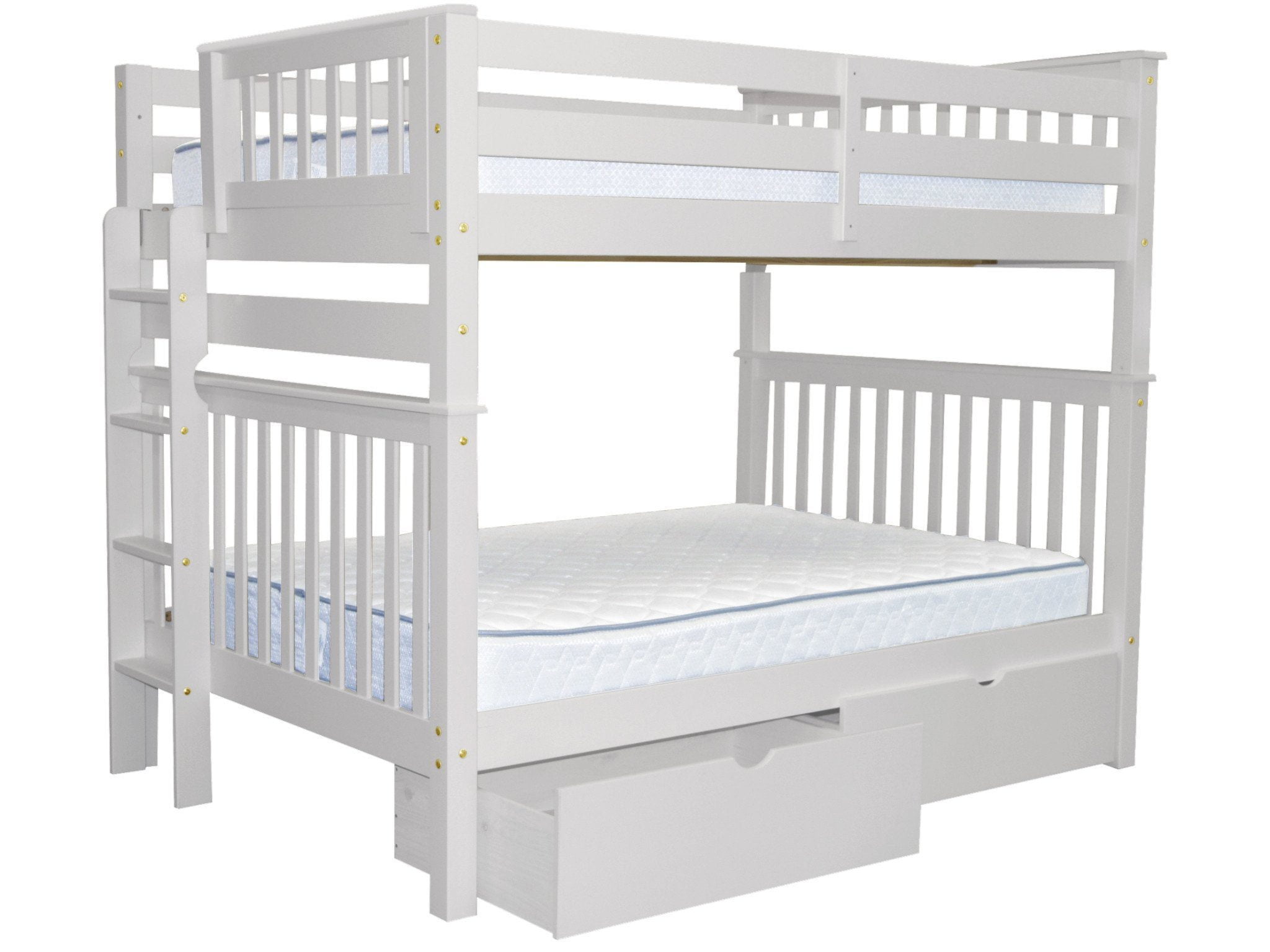 Bedz King Bunk Beds Full over Full Mission Style with End Ladder and 2 Under Bed Drawers, White