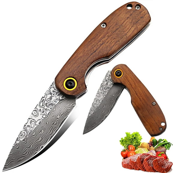 WXCOO Damascus Folding Pocket Knife, 3.5" EDC Knife for Outdoors, Camping, Fishing, Hiking, and Hunting, Gift for Men and Women, Pocket Knife with Clip, Brown Wood Handle