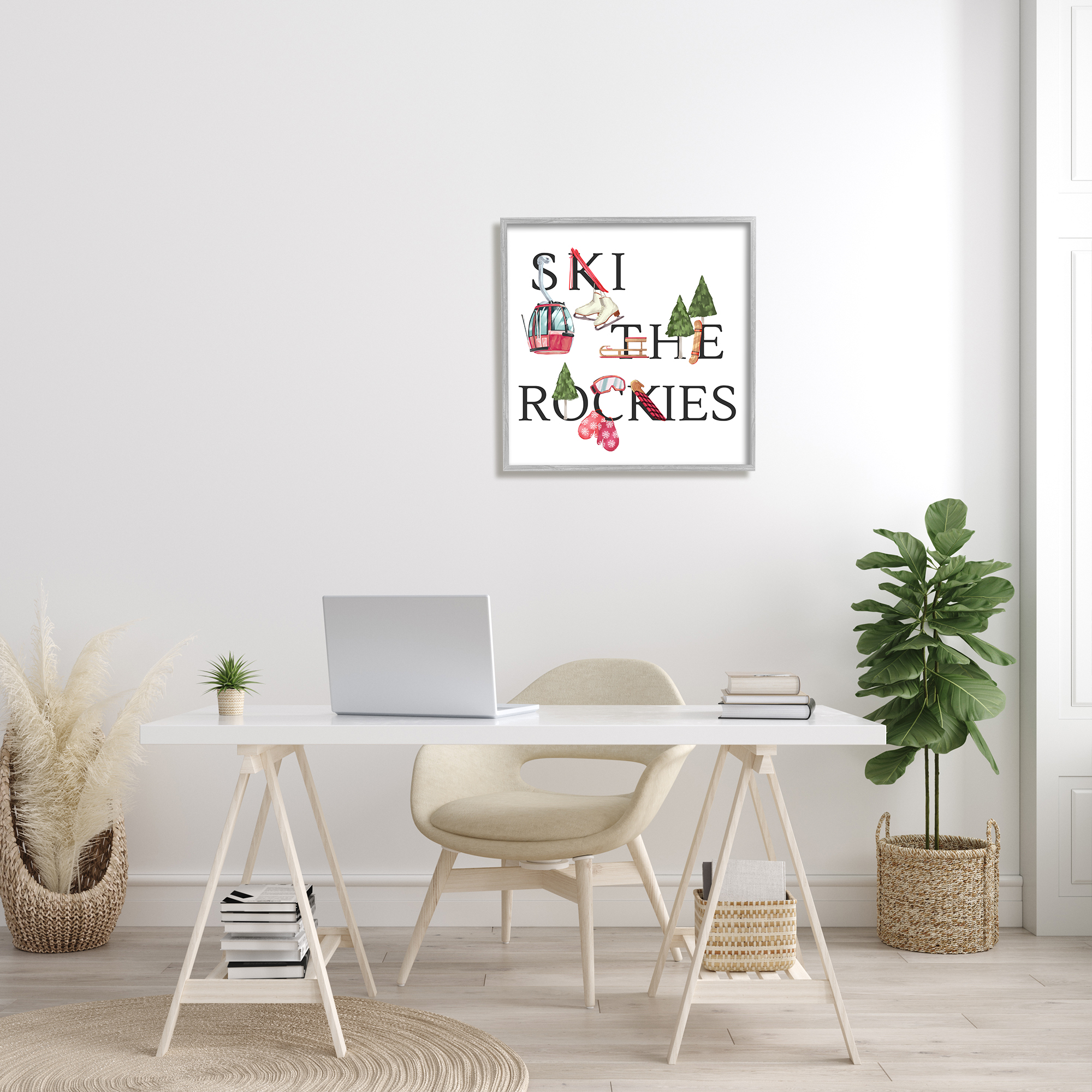 Stupell Industries Ski The Rockies Winter Seasonal Sports Phrase Sports Painting Gray Framed Art Print Wall Art, 24 x 24