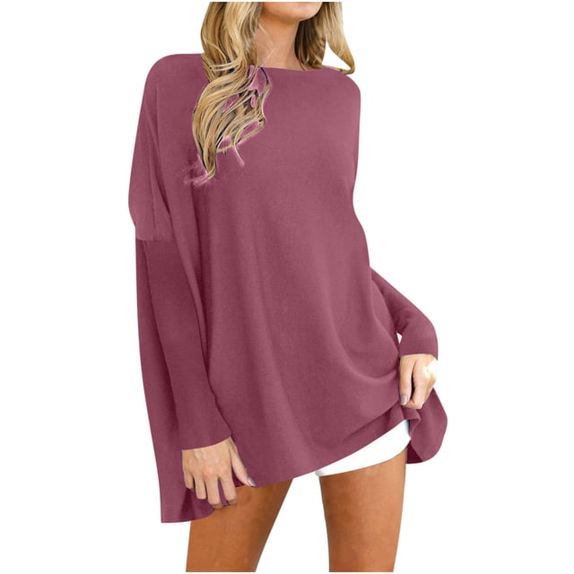 Fanxing Hauts d'Automne Surdimensionnés pour Femmes Coupe Ample Manches Longues Col Rond Pull Tunique Décontractée Habillée Blouses de Sport