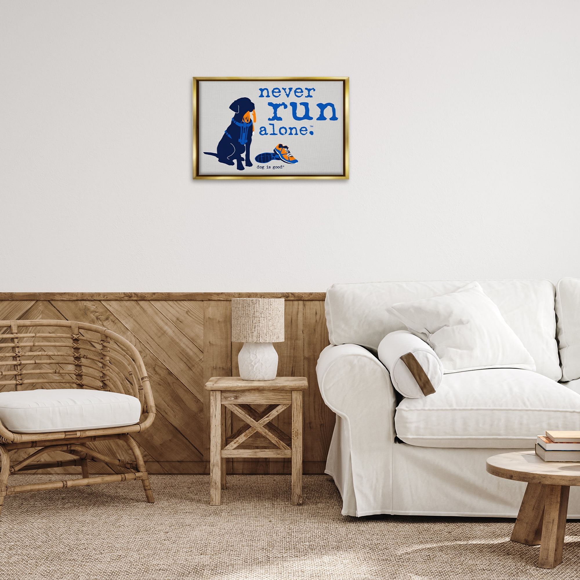Stupell Industries Never Run Alone Dog Animals Painting Gold Floater Framed Canvas Art Print Wall Art, 25 x 17