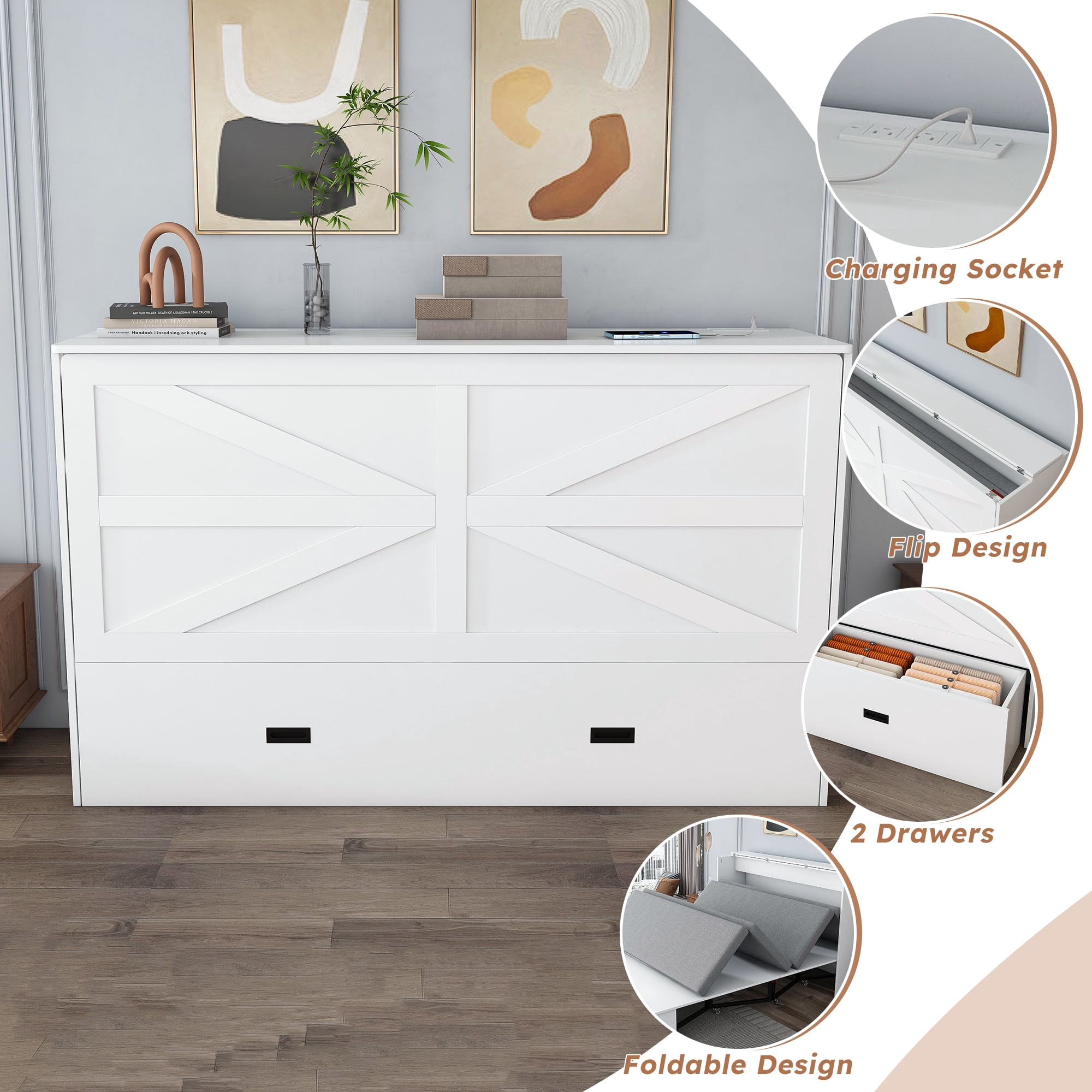 Yoneston Full Size Murphy Bed with Mattress & Charging Station, Cabinet Bed with Storage Drawers for Bedroom Guest Room Living Room, White