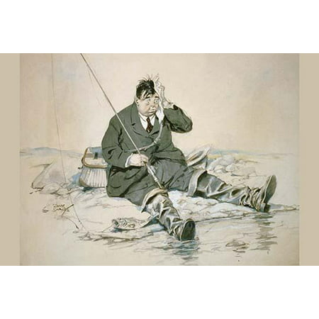 After a really hard fought catch Irvin Cobb wearing a suit and hip waders sits on the shore of a lake wiping his forehead and leaning against a rock after reeling in a small fish Poster Print by