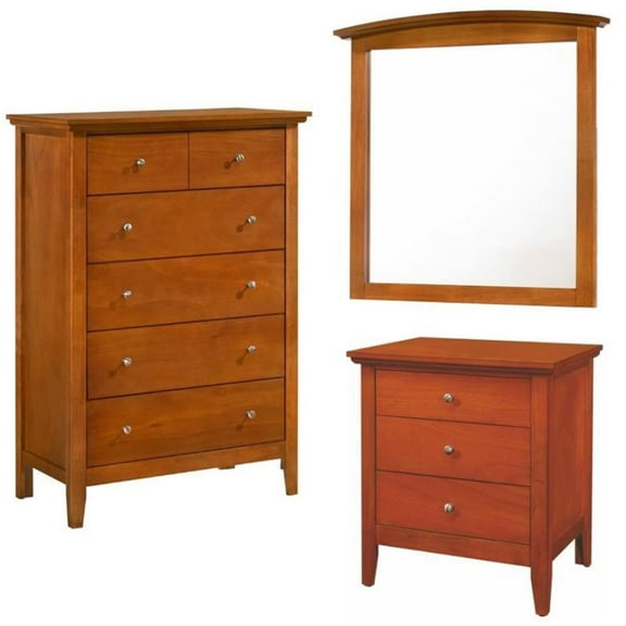 Home Square 3-Piece Set with 3-Drawer Nightstand Mirror 5-Drawer Chest in Oak