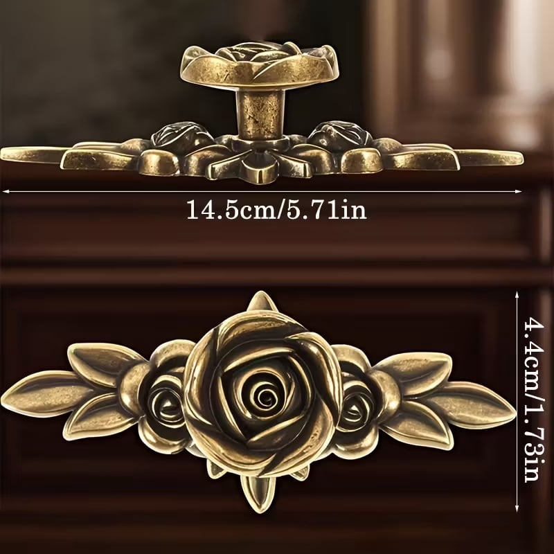 2pcs Vintage Brass Rose Flower Drawer Handles - Ornate Zinc Alloy Cabinet Knobs for Wardrobe, Dresser, and Cabinets - Easy Installation with Included Hardware
