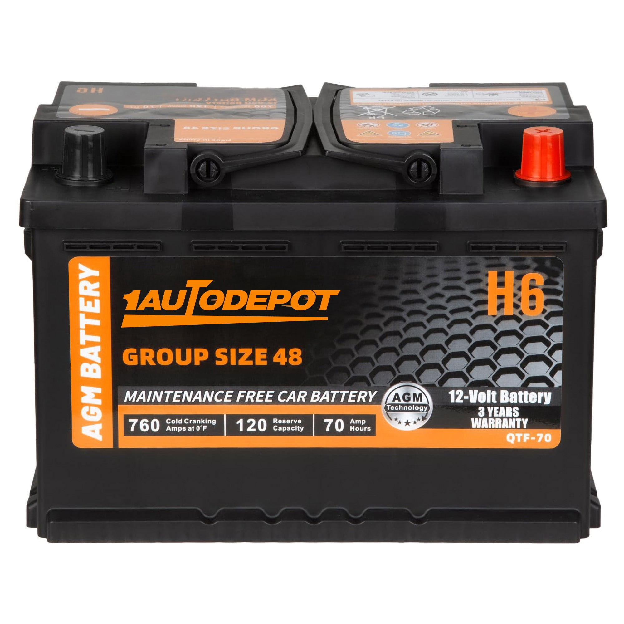 1AUTODEPOT BCI Group 48 Battery, AGM 12 Volt Rechargeable Automotive Batteries for Car, H6 760CCA 70Ah 120RC, Maintenance Free