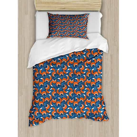 Fox Twin Size Duvet Cover Set, Doodle Style Flowers and Hearts with Abstract European Forest Animal Pattern, Decorative 2 Piece Bedding Set with 1 Pillow Sham, Navy Blue Orange, by Ambesonne