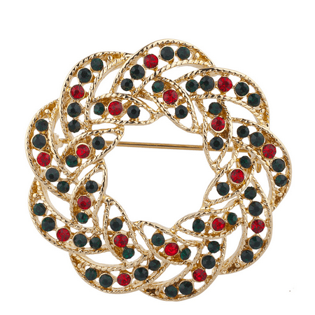 Emerald Green Rhinestone Brooch Pin - Lux Accessories Gold Tone Green Red Rhinestones Wreath Christmas Xmas Brooch Pin