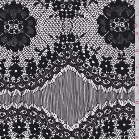 Floral Scallop - Black Floral Scallop Medallion Lace, Fabric By the Yard