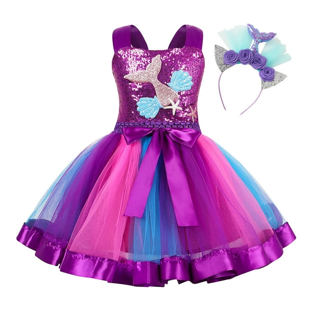 YONGHS Robe Sirène pour Filles avec Serre-Tête Robe de Princesse de Fête d'Anniversaire pour Enfants Déguisement Violet 2-3 Ans