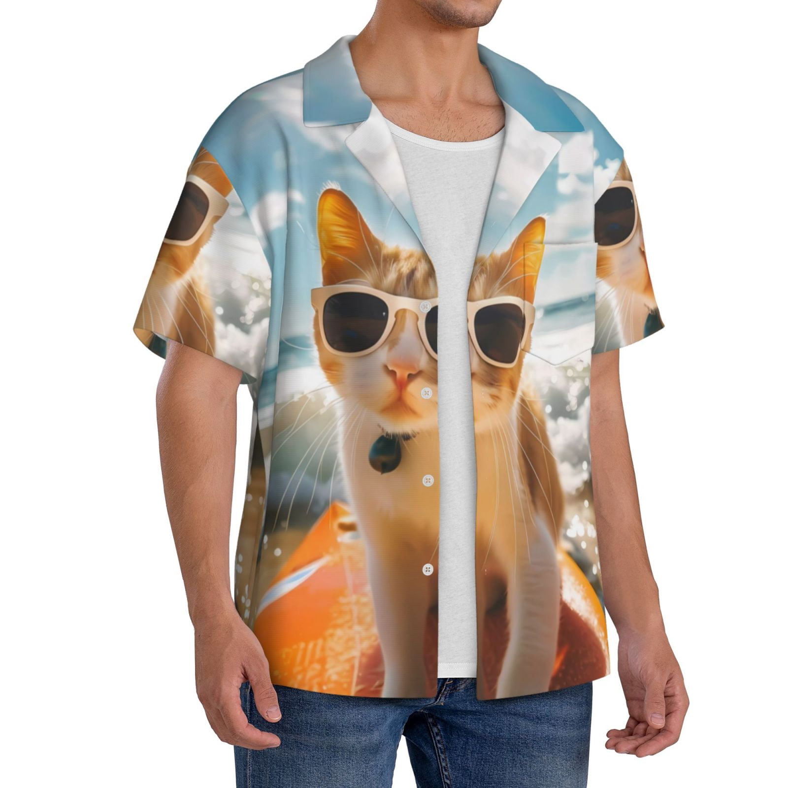 Xecao Surfing Cat Sun Men's Casual Short-sleeved Shirt, a button-up collared shirt with a pocket-Large