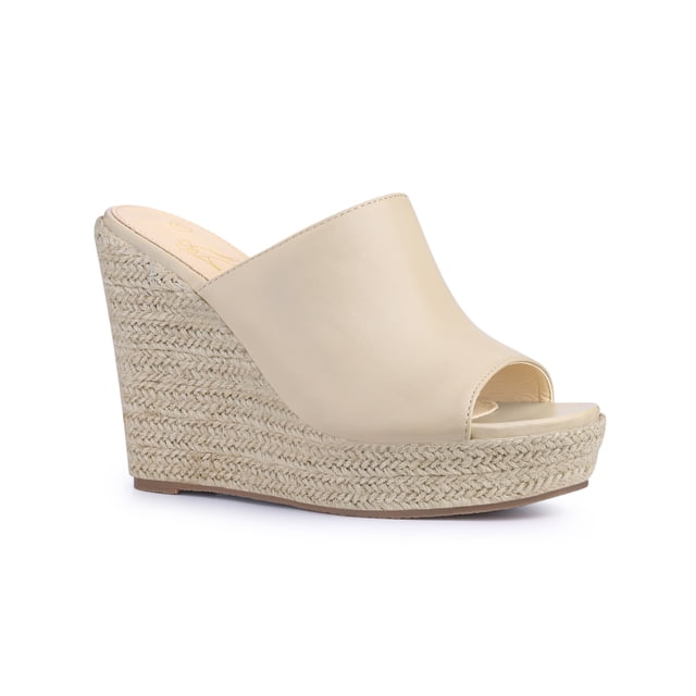 BLISSFUL STEP Sandale à Plateforme Compensée Espadrille à Bout Ouvert à Enfiler pour Femmes Beige (Taille 10)