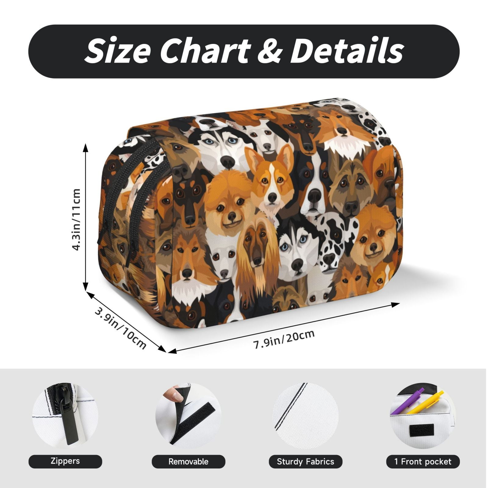 Rateoe Dogs Different Breeds Pattern Double Clamshell Pen Case, Storage Organizer with Two Zipper Compartments– Holds Up to 50 Pencils & Pens