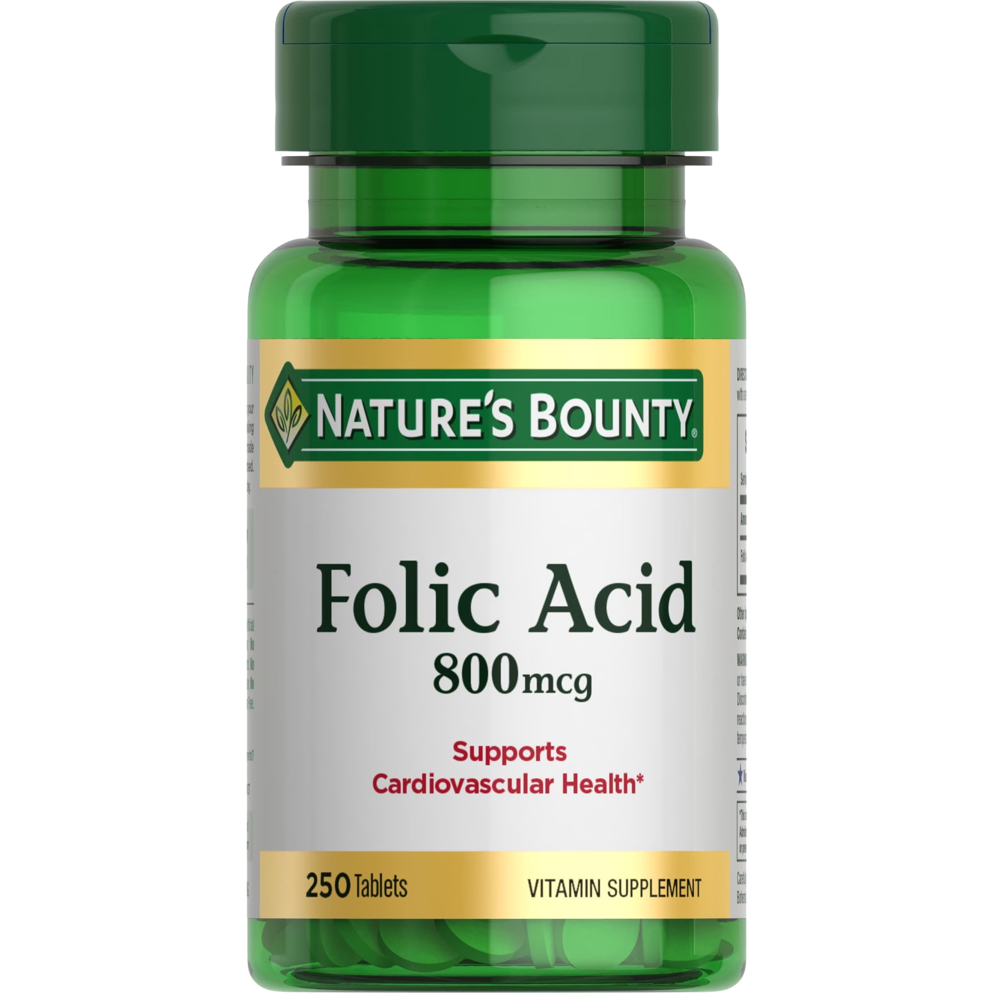 Nature’s Bounty Folic Acid Supplements for Women 800 mcg, Supports Cardiovascular Health, 250 Count