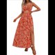 thumbnail image 3 of Vestido Maxi para Mujer, Plisado, con Cuello Halter, Estampado y Escote en V. Rojo L, 3 of 9