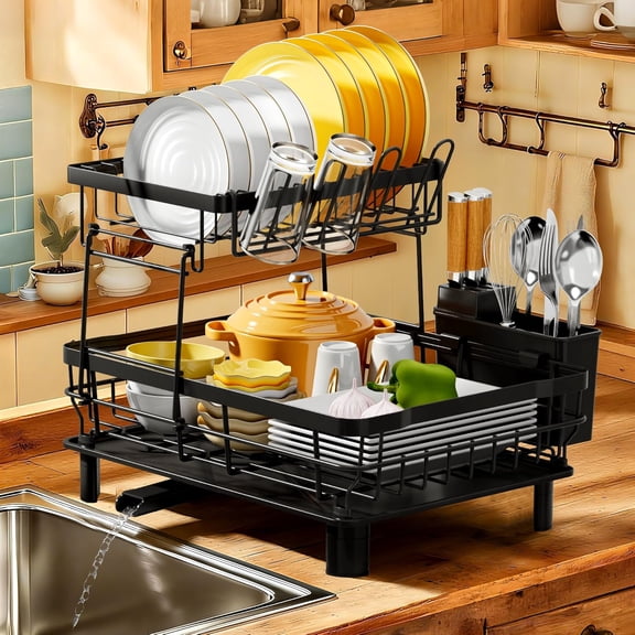 2-Tier Dish Drying Rack with Utensil Holder and Cup Rack, Large Capacity Dish Drainers for Kitchen Counter