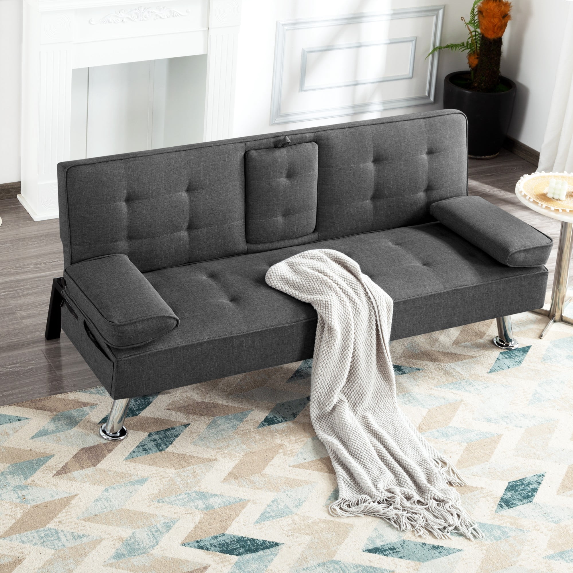 Gewnee 65.3" 3‑in‑1 Convertible Futon Sleeper Sofa, Polyester Foldable Sleeper Couch with Adjustable Backrest,Sofa Bed with Cup Holders & Storage Bag for Small Apartments，Dark Gray