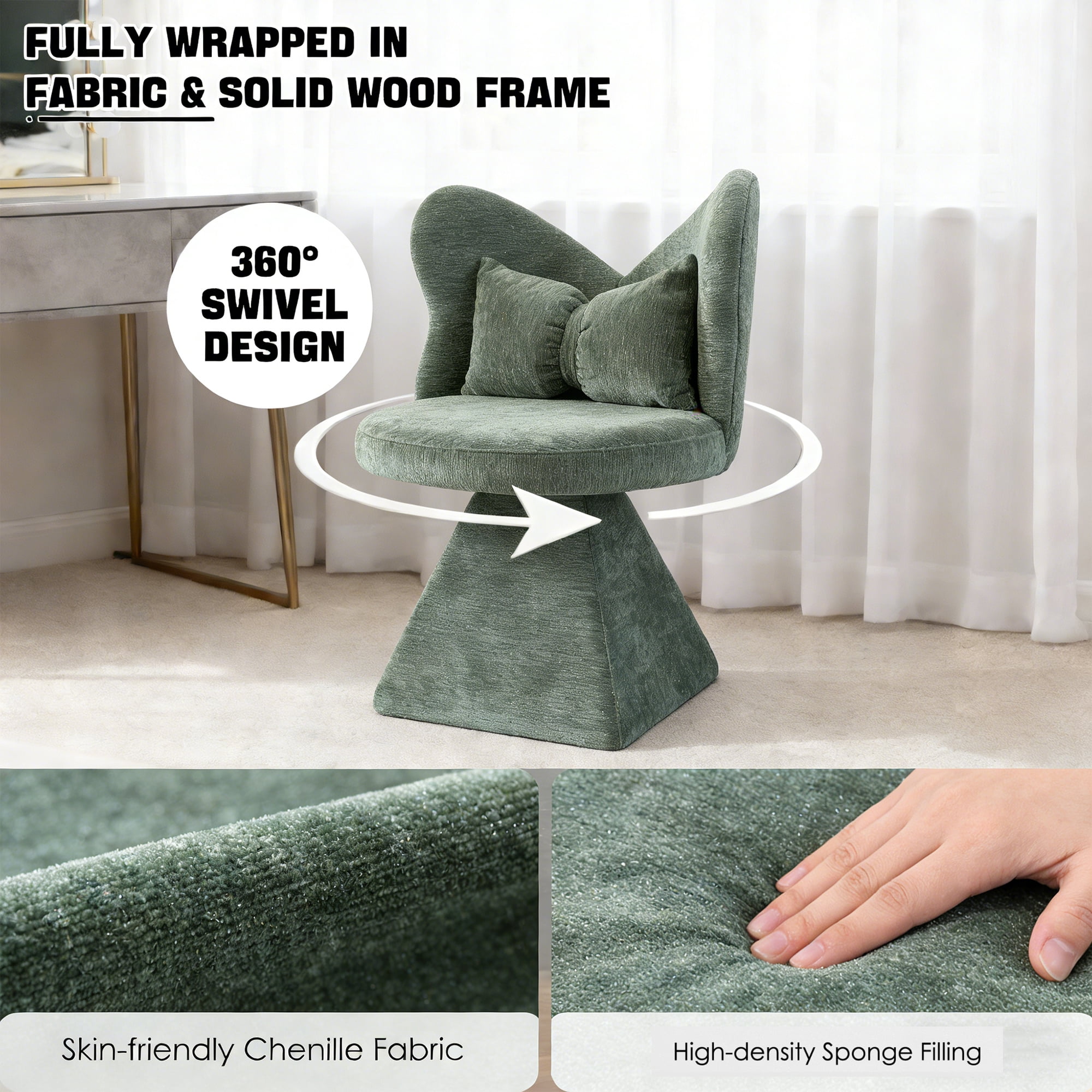 TrumanPick Green Swivel Vanity Chair with Butterfly Back, Makeup Chair for Bedroom