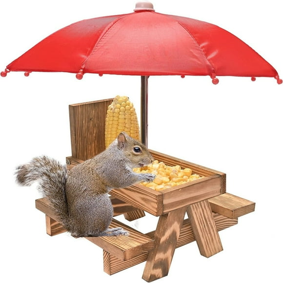 Hearth & Gear Table d'Alimentation pour Écureuil avec Parapluie et Support d'Épi de Maïs Bel Article pour les Amateurs d'Écureuils Décorations de Jardin Extérieures pour Animal Oiseau Siège d'Animal Quai Mangeoire Intelligente Mangeoire pour Écureuil Nourriture Hiver