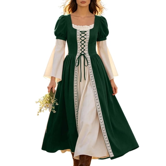 Halloween Court Dress for Women Court Gothic Vintage Long Sleeve Lace Trim Edge Tie Lace up Halloween Corset Fitted Waist Flowy Maxi Party Masquerade Festival Theatre