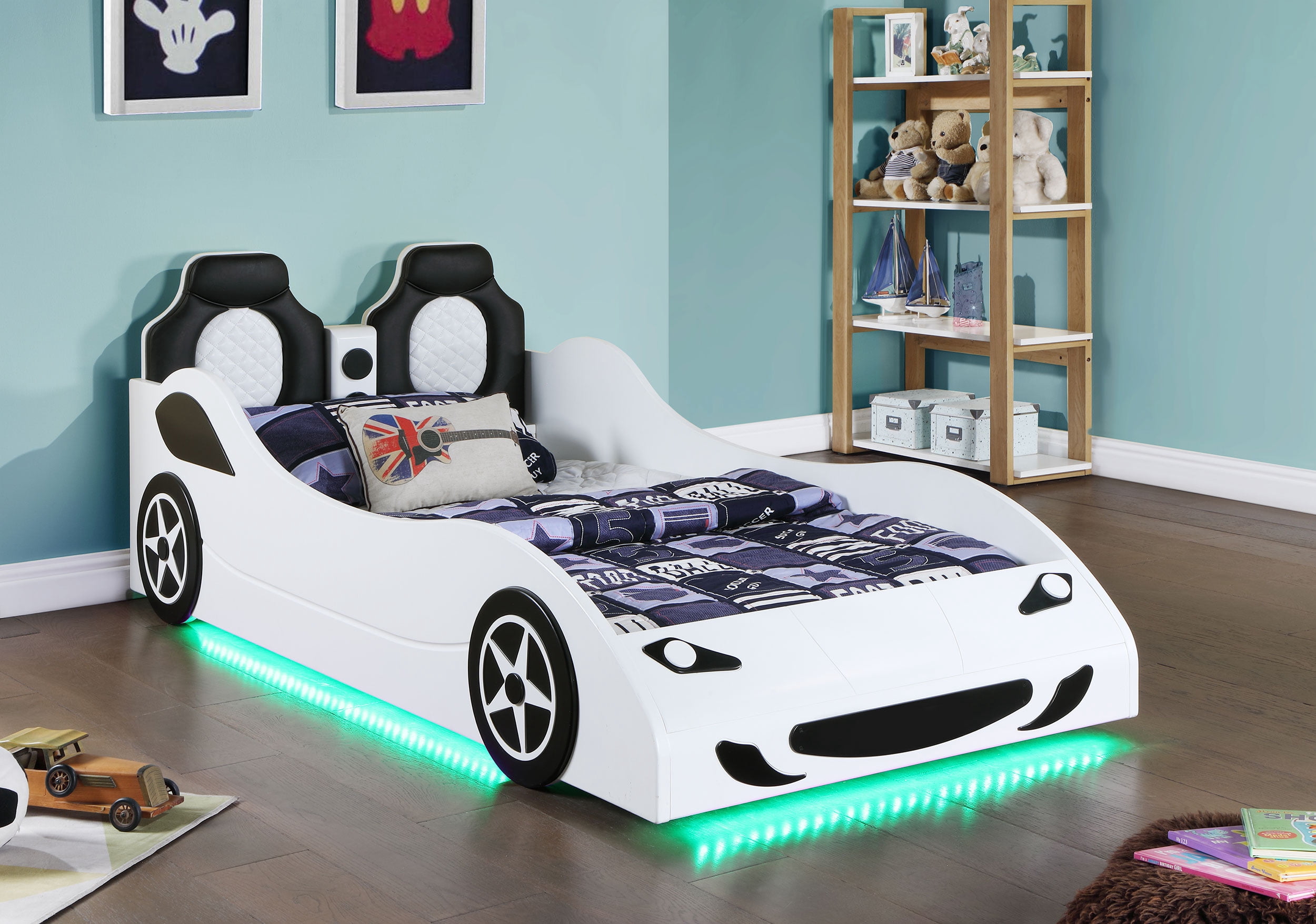 Coaster Cruiser Wood Twin LED Race Car Bed with 7-inch Mattress in White