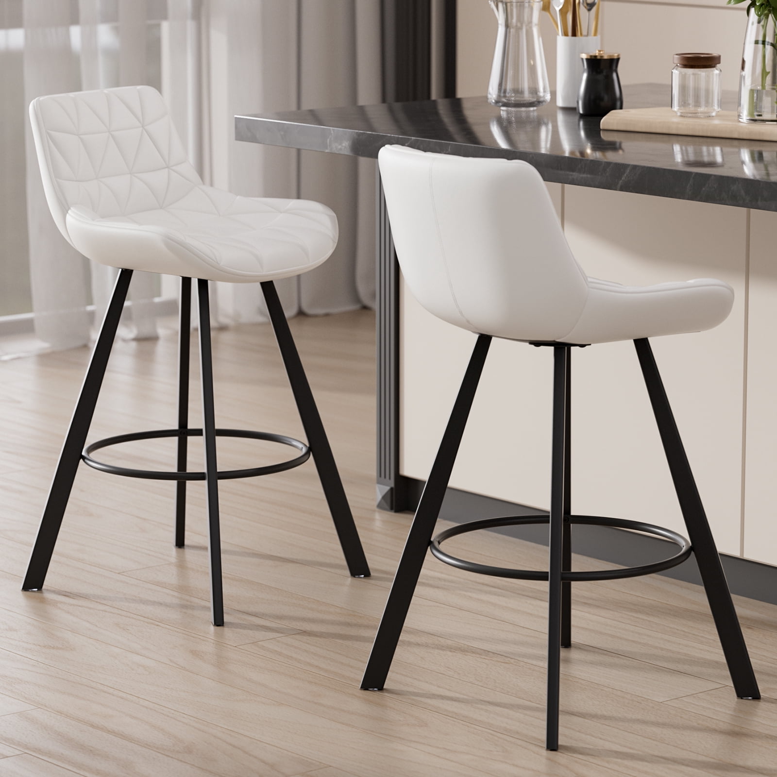 Genpo Bar Stools Set of 3, 26" Kitchen Counter Height Bar Stools with Back Metal Legs and Footrest, White Leather Barstools for Kitchen Island