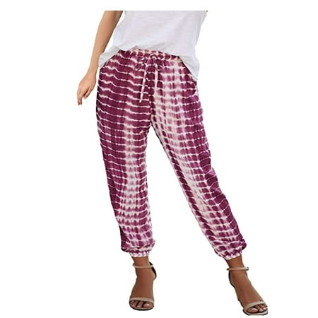 

Ziloco Women Casual High Waist Tie-Dye Stripe Running Loose Pencil Pants yoga pants Purple M