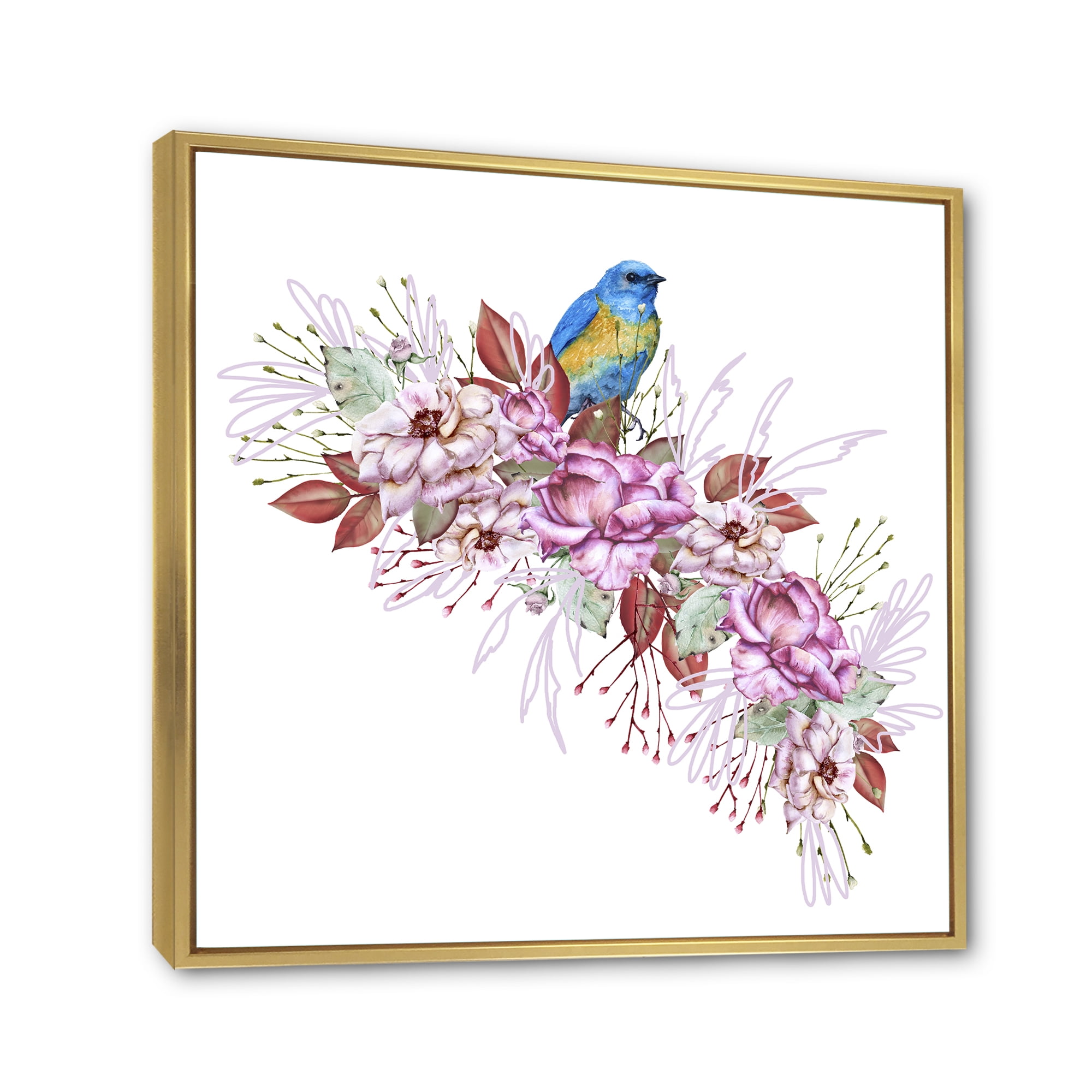 Designart 'Little Blue Bird Sitting On Colorful Boquet of Flowers' Traditional Framed Canvas Wall Art Print